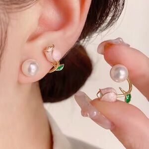 Pink Tulip Flowers Wrap Around Pearl Stud Earrings Fashion Jewelry